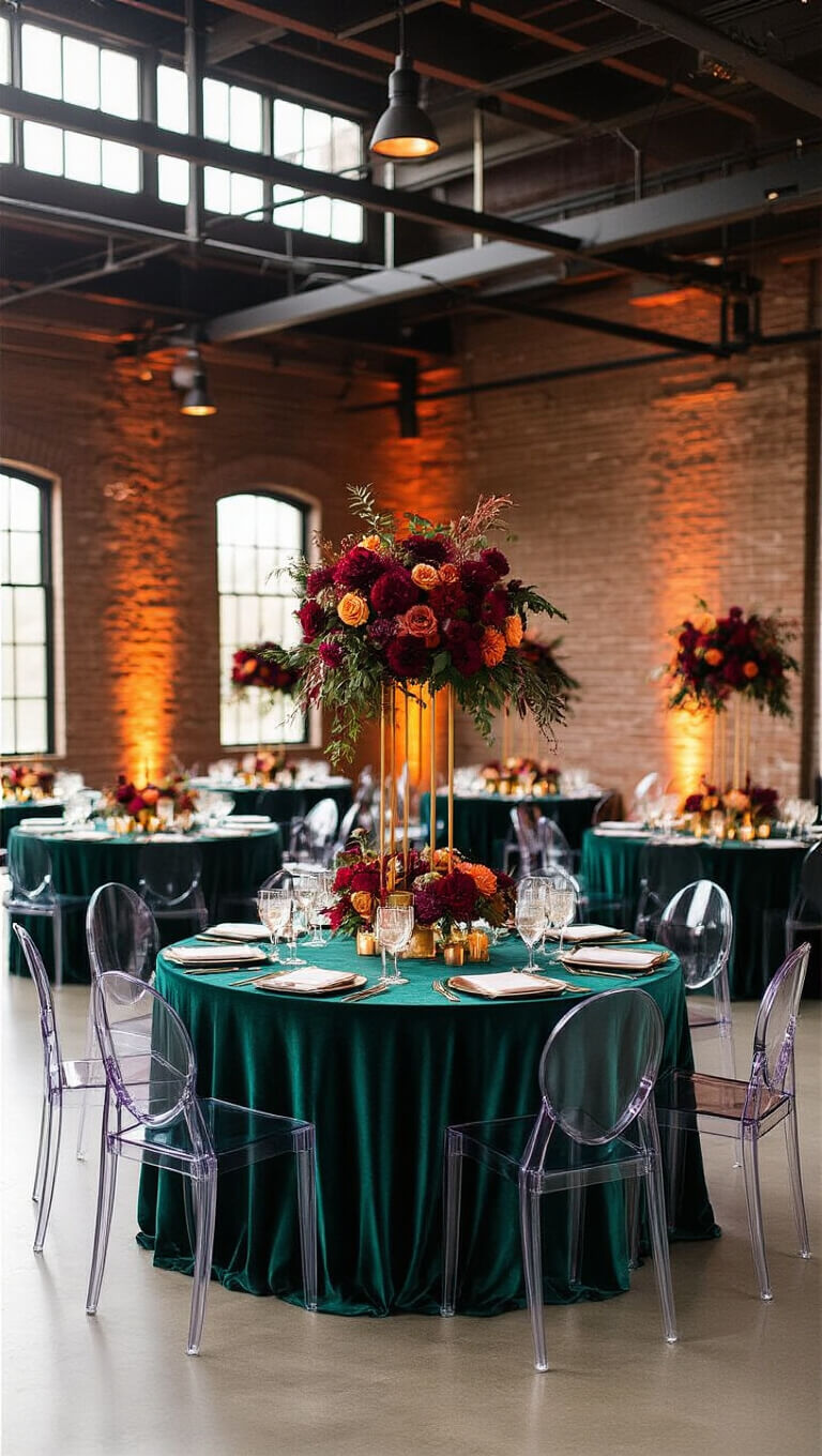 Modern fall wedding reception with velvet-draped tables, jewel-toned florals, and gold centerpieces in a chic industrial hall with moody lighting.