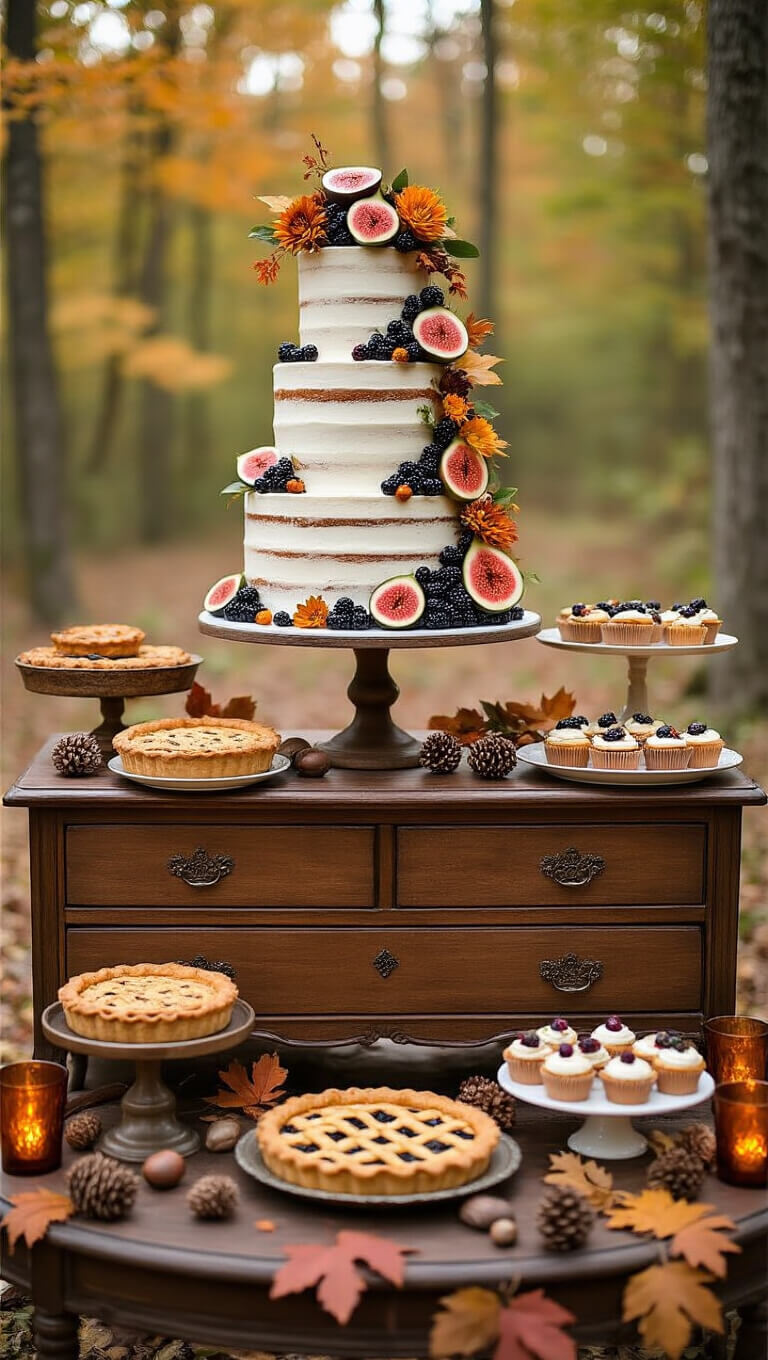 Whimsical fall wedding dessert display on antique dresser with naked cake, autumnal treats, and rustic woodland decor.