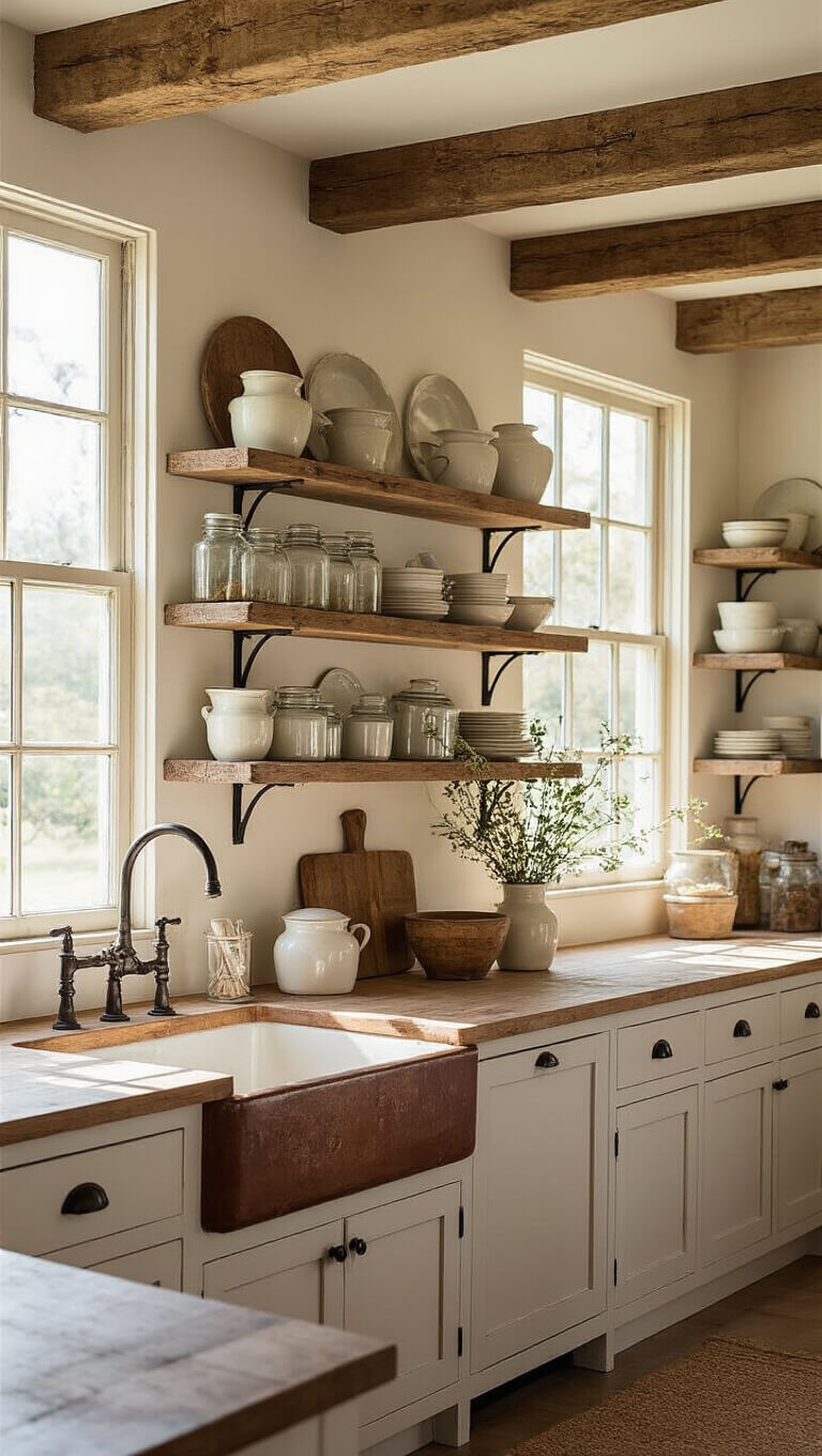 Sunlit farmhouse kitchen with reclaimed wood shelves displaying vintage crockery, glass jars, and cutting boards above a copper farmhouse sink.