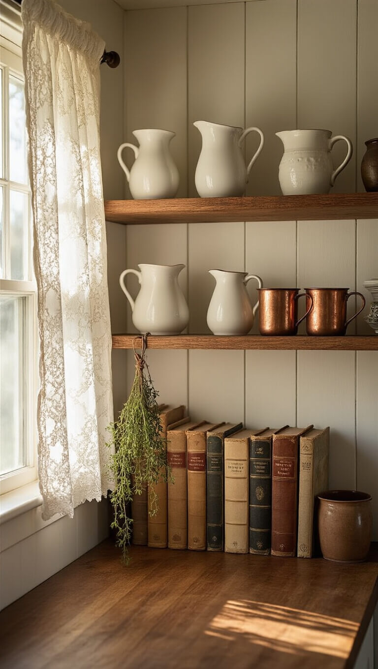 Rustic kitchen corner at dawn with walnut shelves holding ceramics, copper mugs, antique cookbooks, and dried herbs, bathed in soft light through lace curtains.