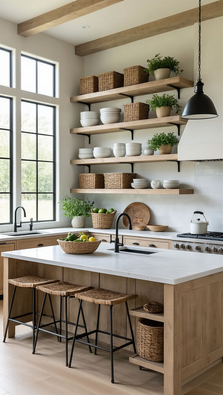 Modern farmhouse kitchen with floor-to-ceiling bleached oak and black metal shelving, marble island, rolling ladder, and bright natural light.