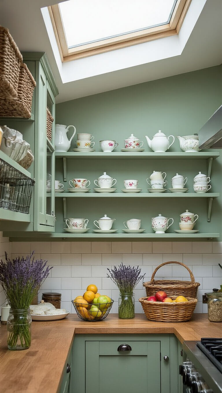 Cozy 10x6 ft galley kitchen on a rainy day with soft skylight, sage green floating shelves, vintage teacups, colorful fruits in wire baskets, lavender in mason jars, and a mirror backsplash adding depth.