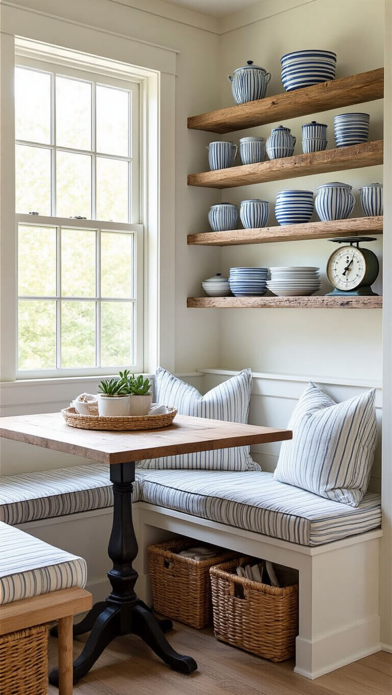 Close-up of reclaimed wood shelves above a built-in bench with blue striped cushions, displaying coastal farmhouse pottery, seagrass baskets, and a vintage scale with a succulent in morning light.