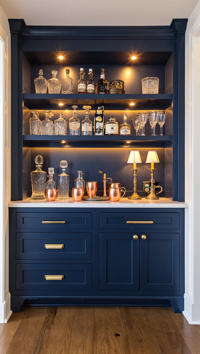 Moody butler's pantry with navy blue floor-to-ceiling shelves lit by warm LED lighting, showcasing gleaming crystal decanters, vintage barware, and copper mugs; white marble counter with brass lamps and ladder rail system for upper access.