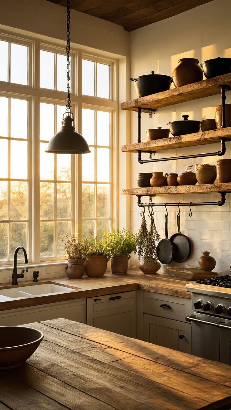 Rustic-industrial kitchen at golden hour with warm light casting shadows on wooden shelves holding cookware and dried herbs, viewed from above.