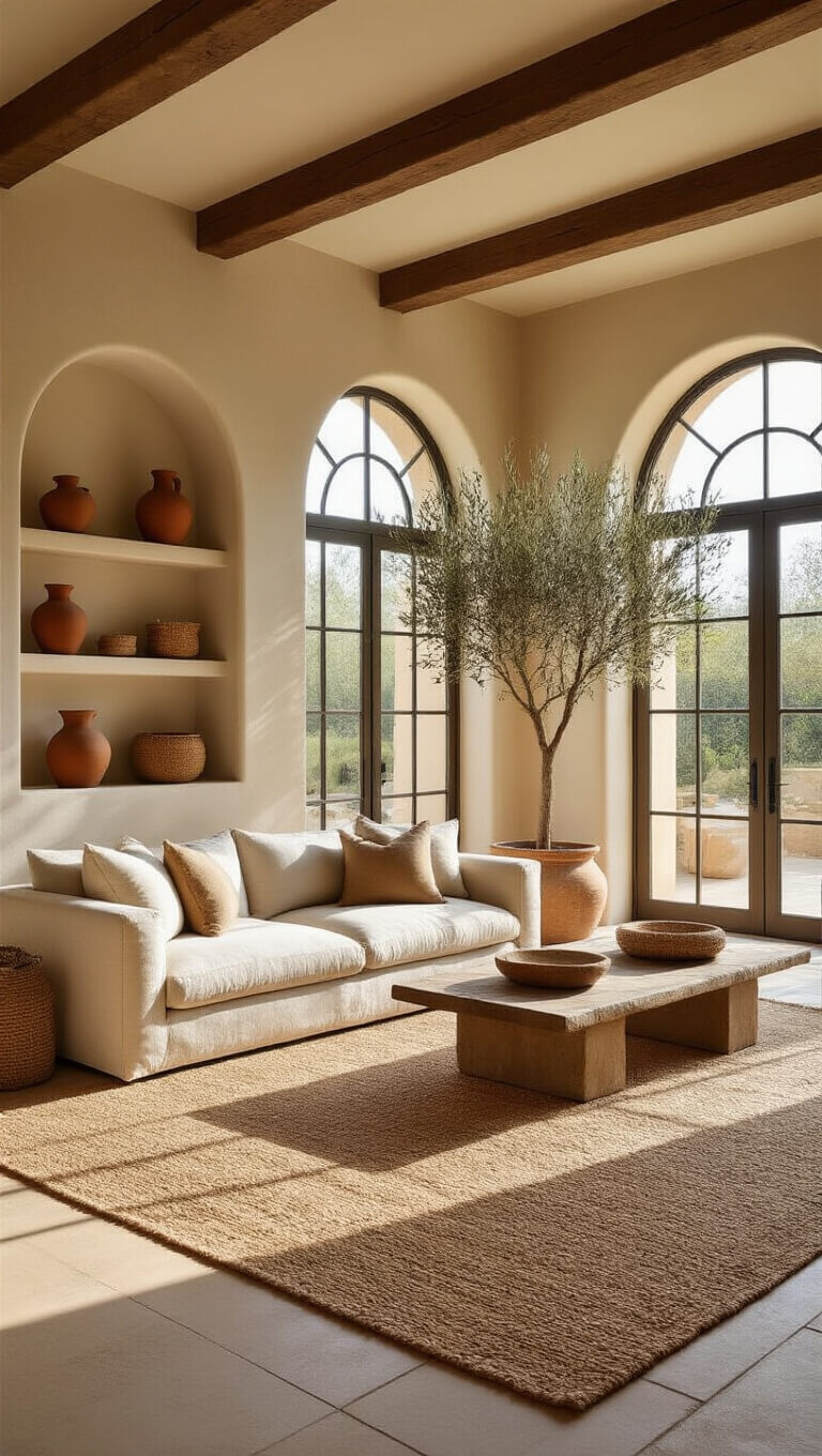 Sunlit living room with high ceilings, arched windows, beige linen sofa, jute and Moroccan rugs, stone feature wall with shelves, olive tree in terracotta pot, and exposed wooden beams.