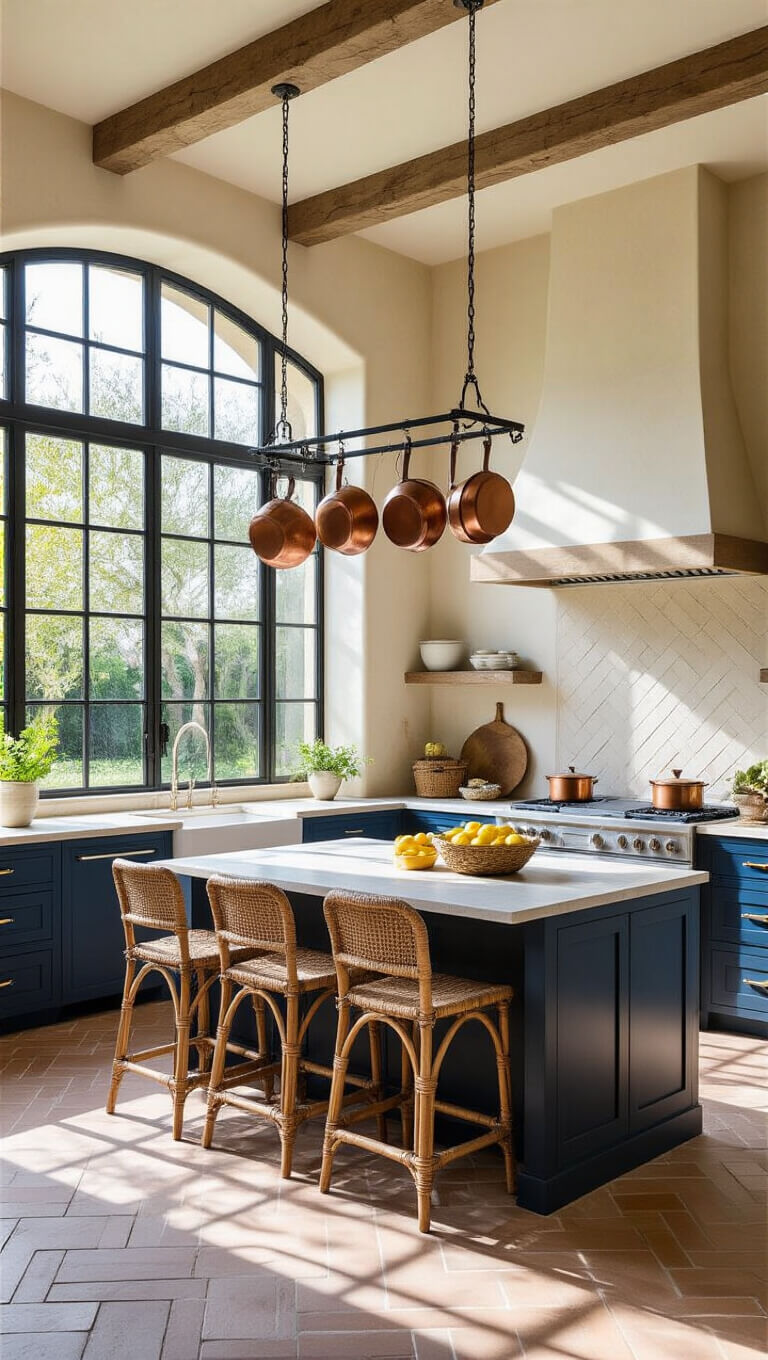 Low-angle view of a spacious open-concept kitchen with 10-foot ceilings, blue cabinets, limestone island, rattan barstools, and large windows framing a Mediterranean garden in early morning light.