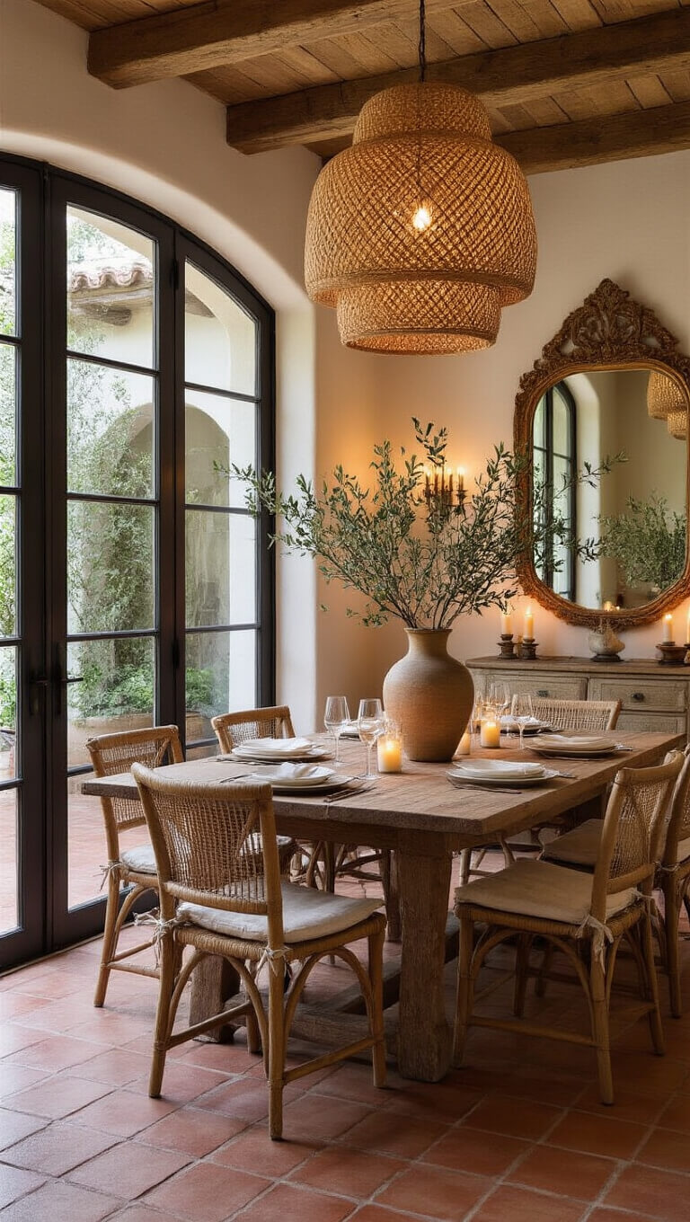 Rustic dining area with wooden table, mixed linen chairs, rattan chandelier, and sliding glass doors opening to terracotta patio at dusk.
