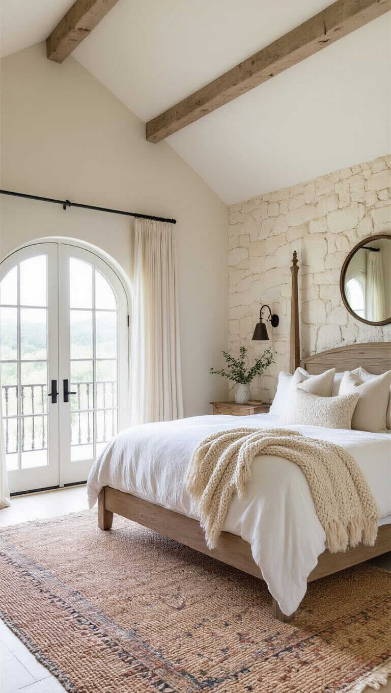 Serene master bedroom with vaulted ceiling, French doors, four-poster bed, white linens, Moroccan rug, and stone feature wall in soft morning light.