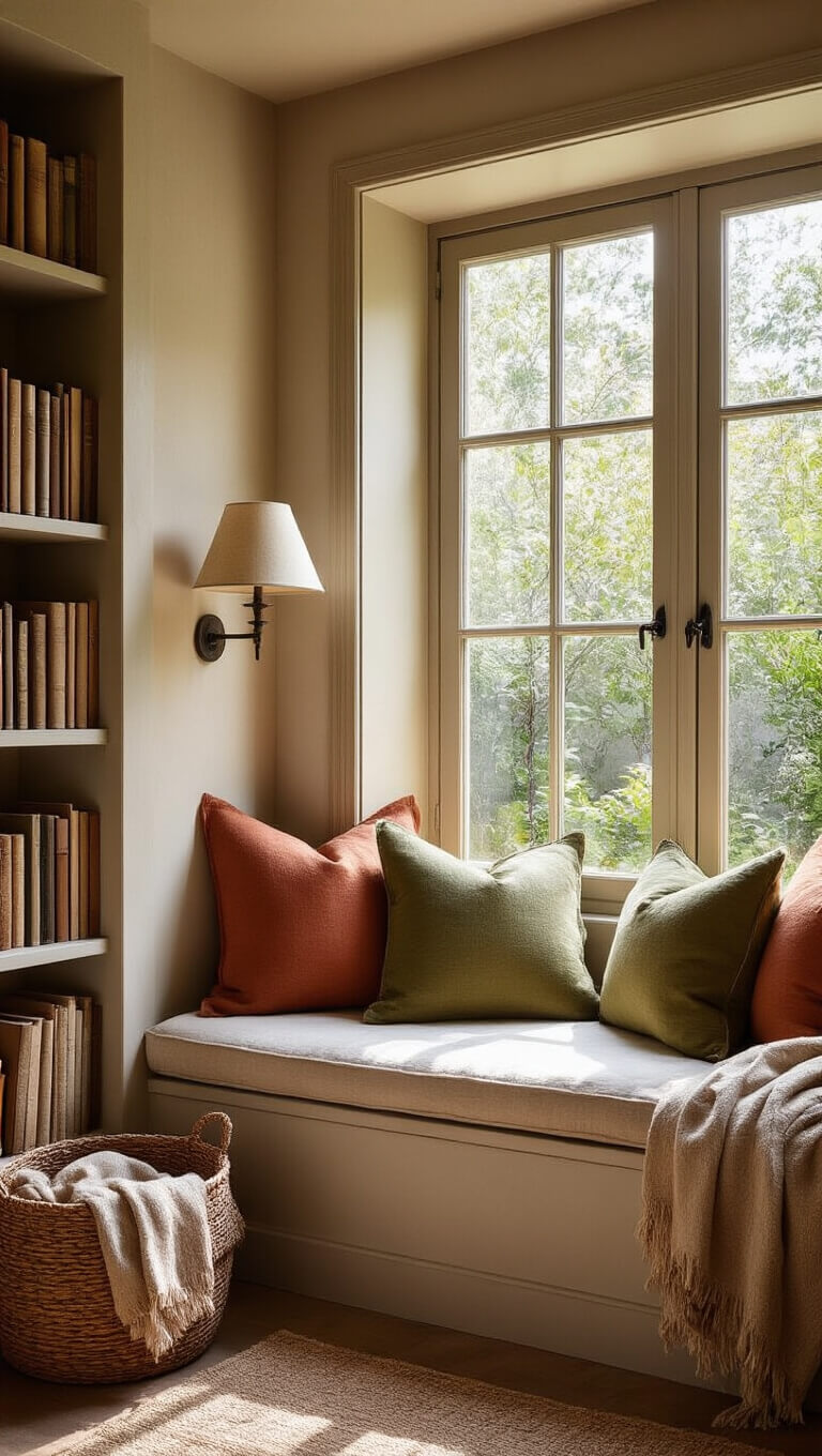 Cozy bay window reading nook with linen-cushioned seat, terracotta and olive pillows, weathered wood bookshelves, throw blankets in a handwoven basket, and warm afternoon light casting dappled shadows.