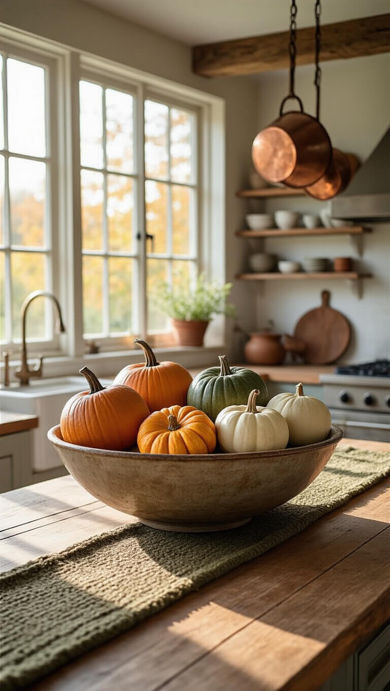 Farmhouse kitchen with rustic wooden island featuring a ceramic bowl of heirloom pumpkins, copper pots, artisanal pottery, and morning light streaming through large windows.