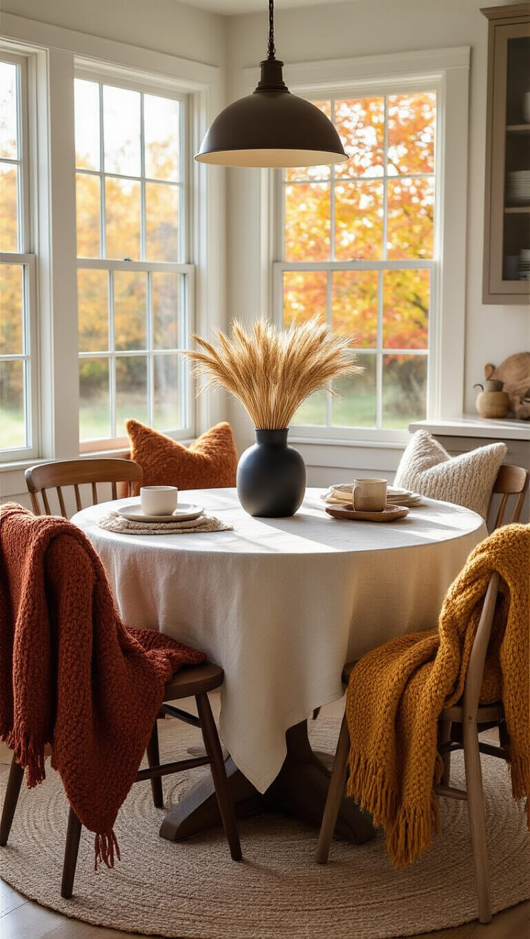 Cozy breakfast nook with round wooden table, dried wheat centerpiece, and mismatched chairs near a large window showing autumn foliage, bathed in warm afternoon light.