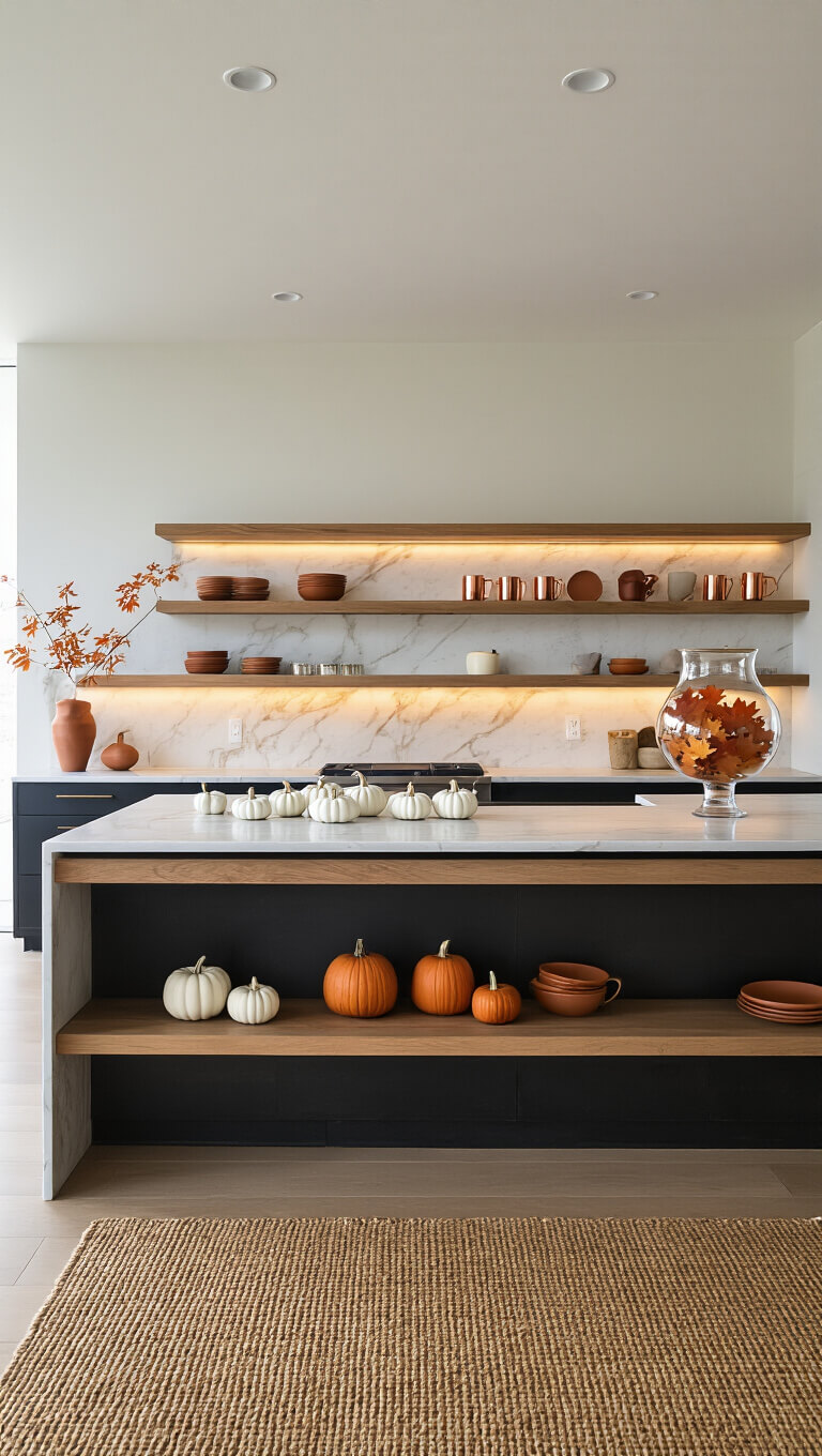Modern open-concept kitchen with marble island, autumn decor, matte black cabinets, wood shelves, and warm lighting at dusk.