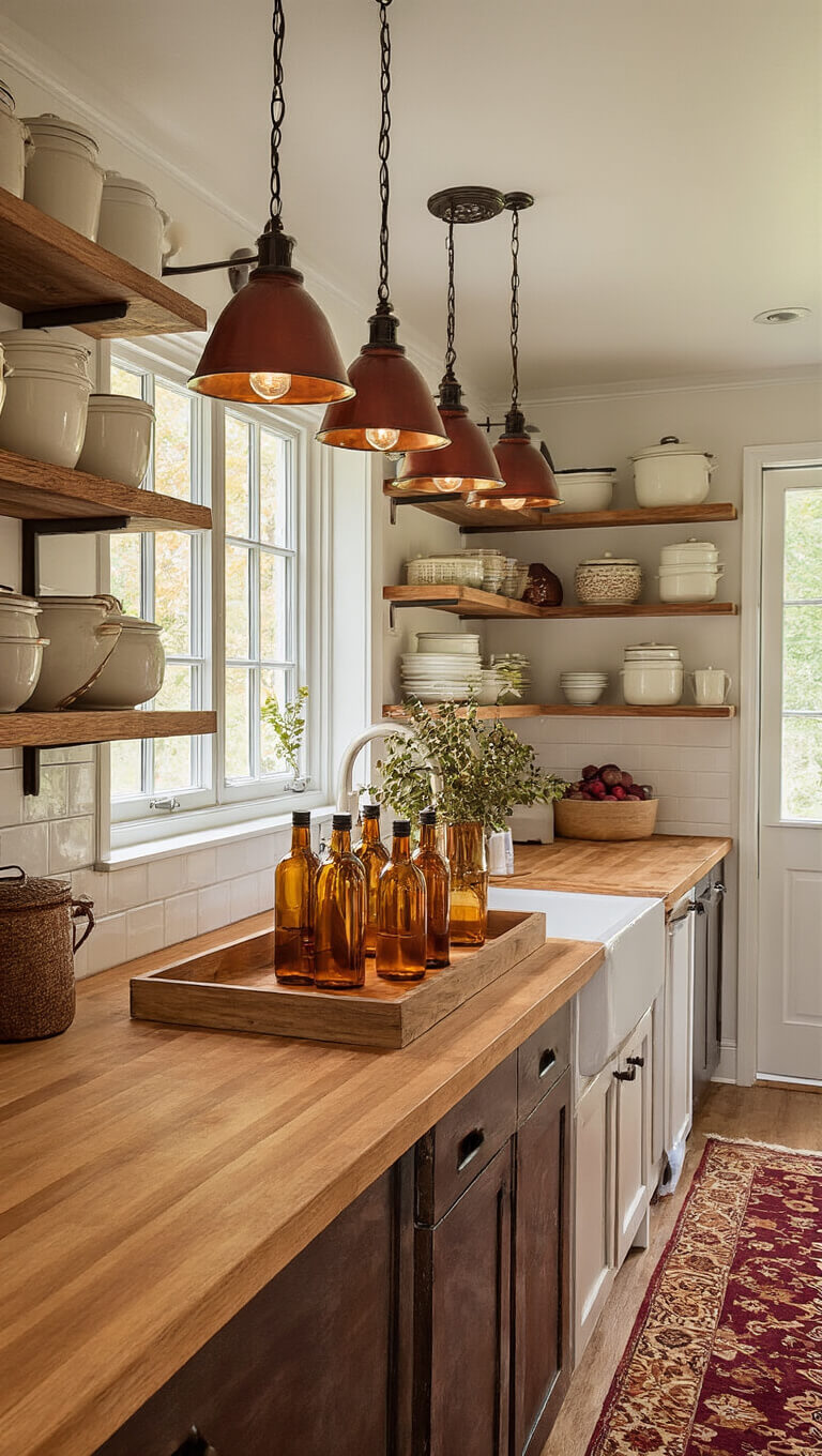 Cozy fall-themed galley kitchen with warm pendant lighting, butcher block counter, vintage enamelware, and burgundy-gold runner on weathered wood floor.