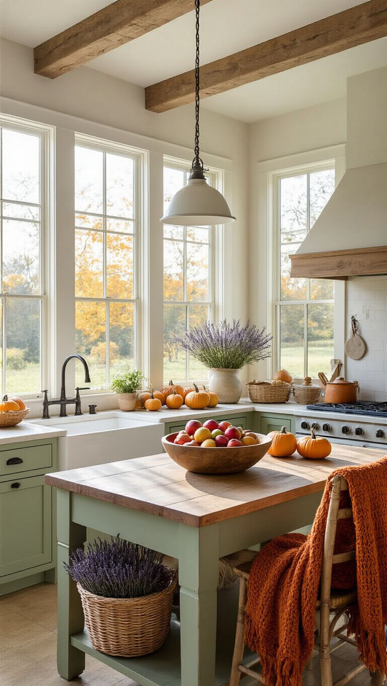 Country kitchen with vaulted ceilings, farmhouse sink of apples, sage green island, gourds and pumpkins, and warm early morning light.