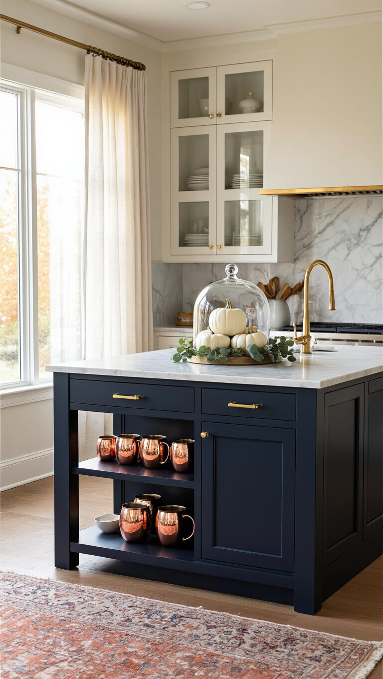 Elegant transitional kitchen at golden hour with navy island, marble backsplash, brass fixtures, and autumnal decor under warm diffused lighting.
