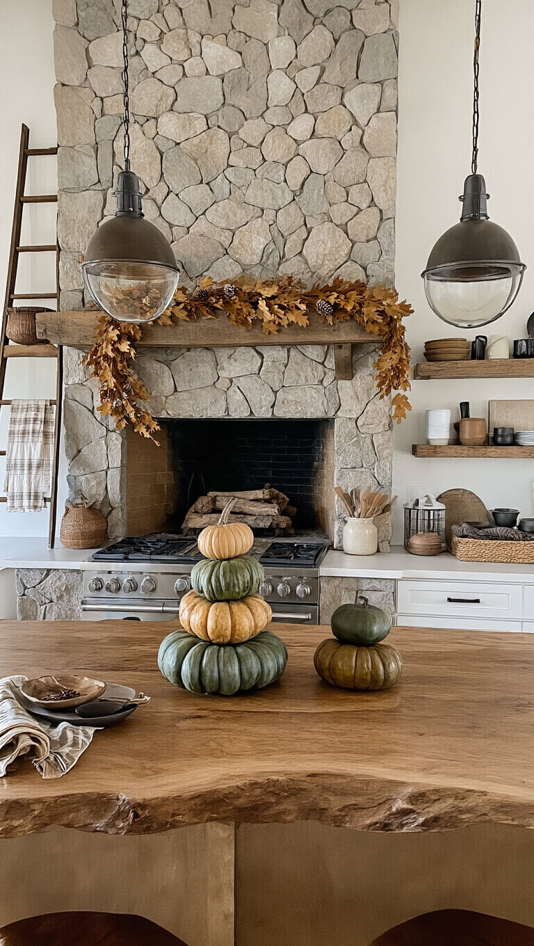Rustic-modern kitchen with stone fireplace, live-edge wood island, heirloom pumpkins centerpiece, wrought iron lighting, and autumn-themed decor.