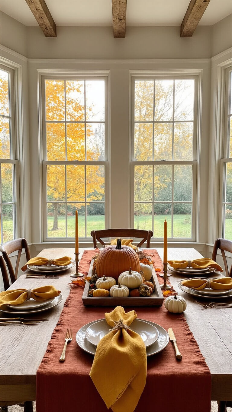 Cozy fall dining room with farmhouse table set for autumn, featuring heirloom pumpkins, golden napkins, and brass candles, bathed in soft morning light from a bay window.