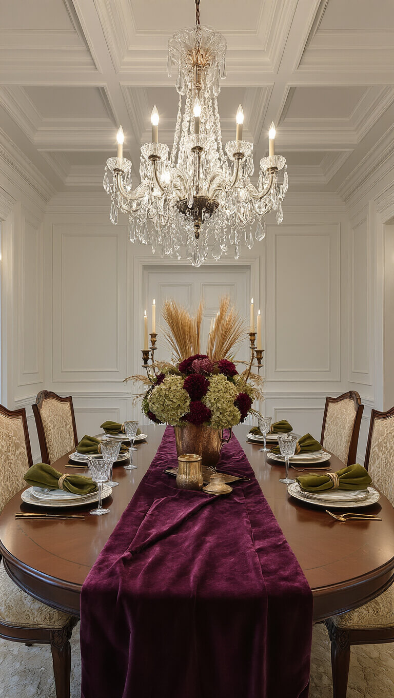 Formal dining room at dusk with coffered ceilings, crystal chandelier, oval mahogany table set with velvet plum runner, gold damask chairs, copper vase centerpiece, fine china, brass candlesticks, and autumn-themed decor.