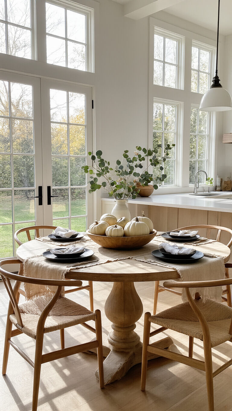 Rustic-modern kitchen-dining area with afternoon sunlight, featuring a round oak table set with heirloom pumpkins, eucalyptus, amber glassware, and fall decor.