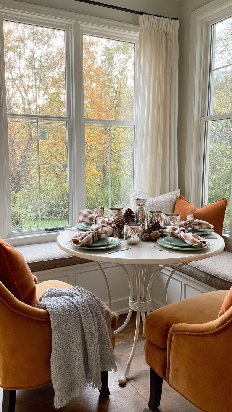 Cozy fall breakfast nook with ochre velvet armchairs, white bistro table draped in gray knit throw, autumnal table setting, and garden view through large window.