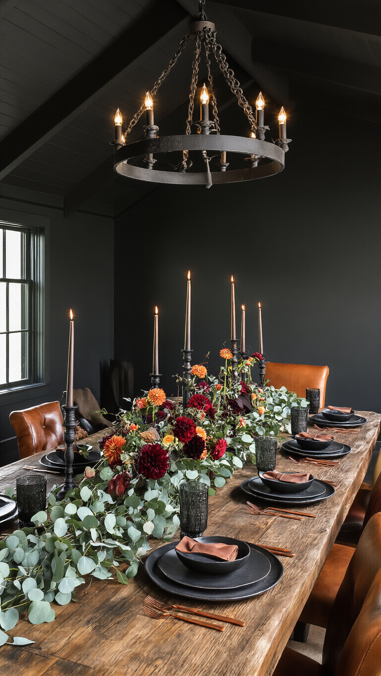Moody harvest feast dining room with dark walls, vaulted ceiling, reclaimed wood table, eclectic chairs, candlelight, rich floral centerpieces, and dramatic autumnal decor.