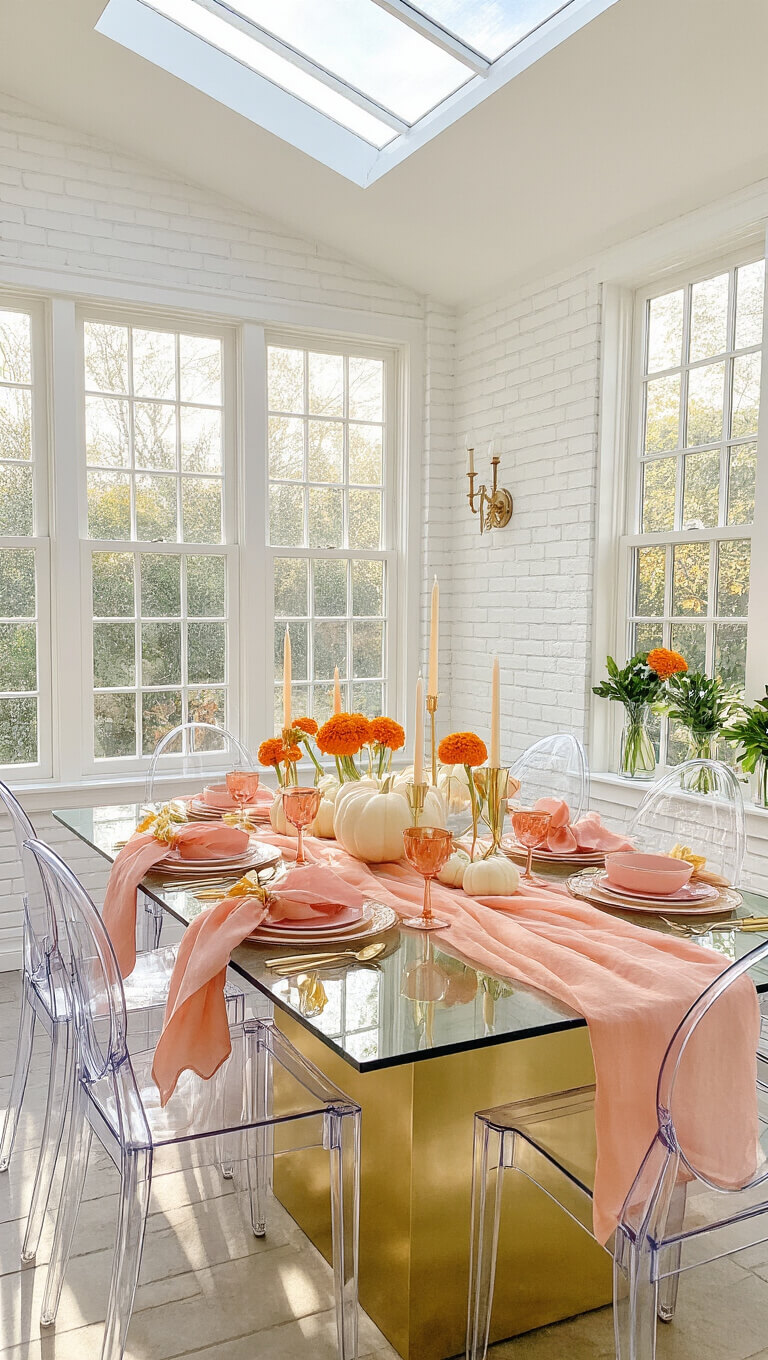 Bright sunroom dining space with glass table, ghost chairs, fall-themed decor, and soft morning light.