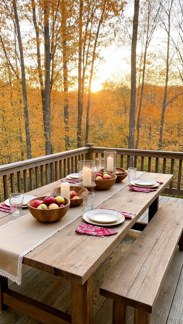 Rustic outdoor dining setup on a wooden deck at golden hour, featuring a long farmhouse table with fall-themed decor, plaid blankets, and string lights, overlooking a forest with autumn foliage.