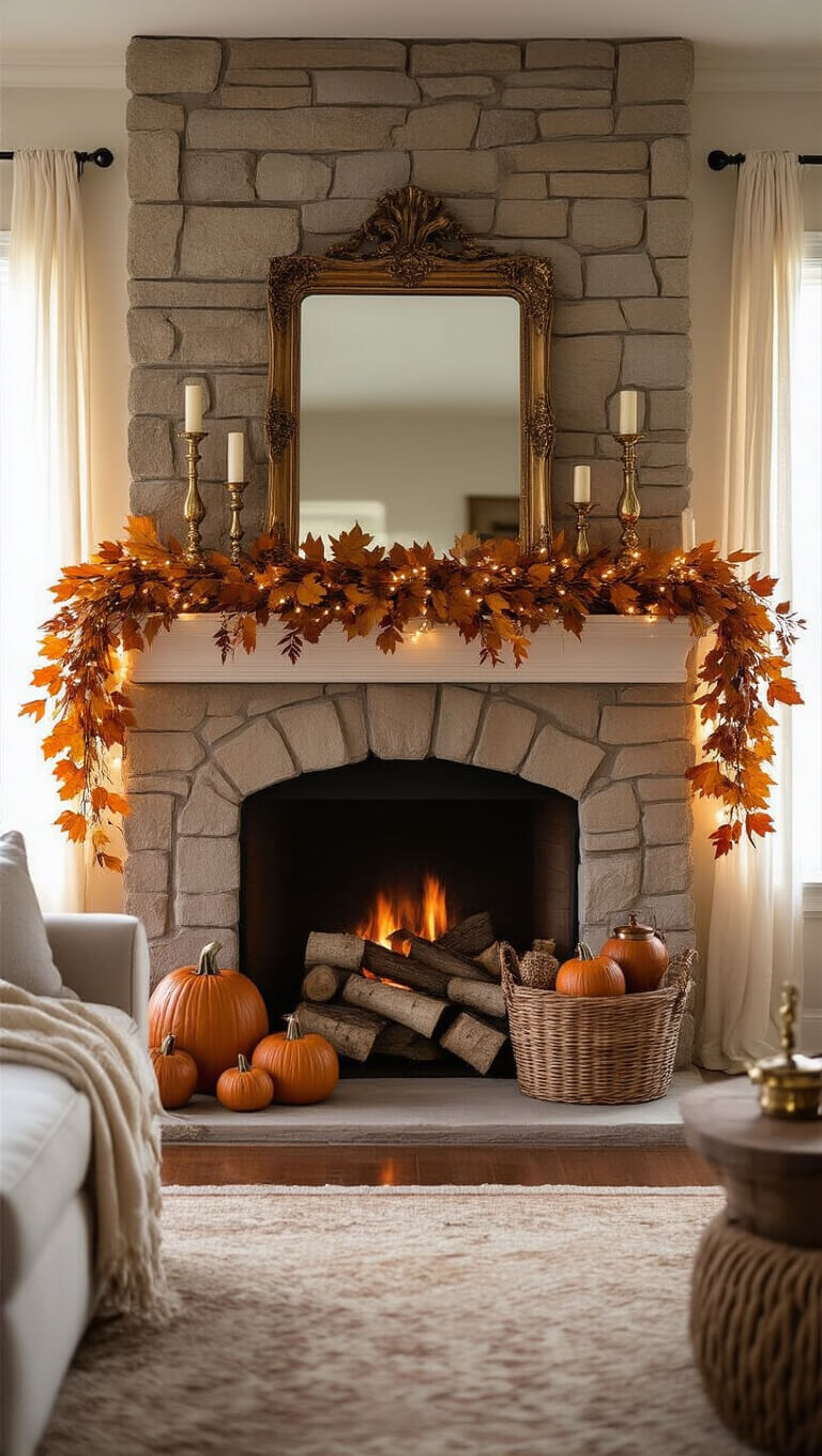 Cozy living room with a stone fireplace, autumn-themed mantel decor, birch logs in a basket, and warm sunlight filtering through sheer curtains.
