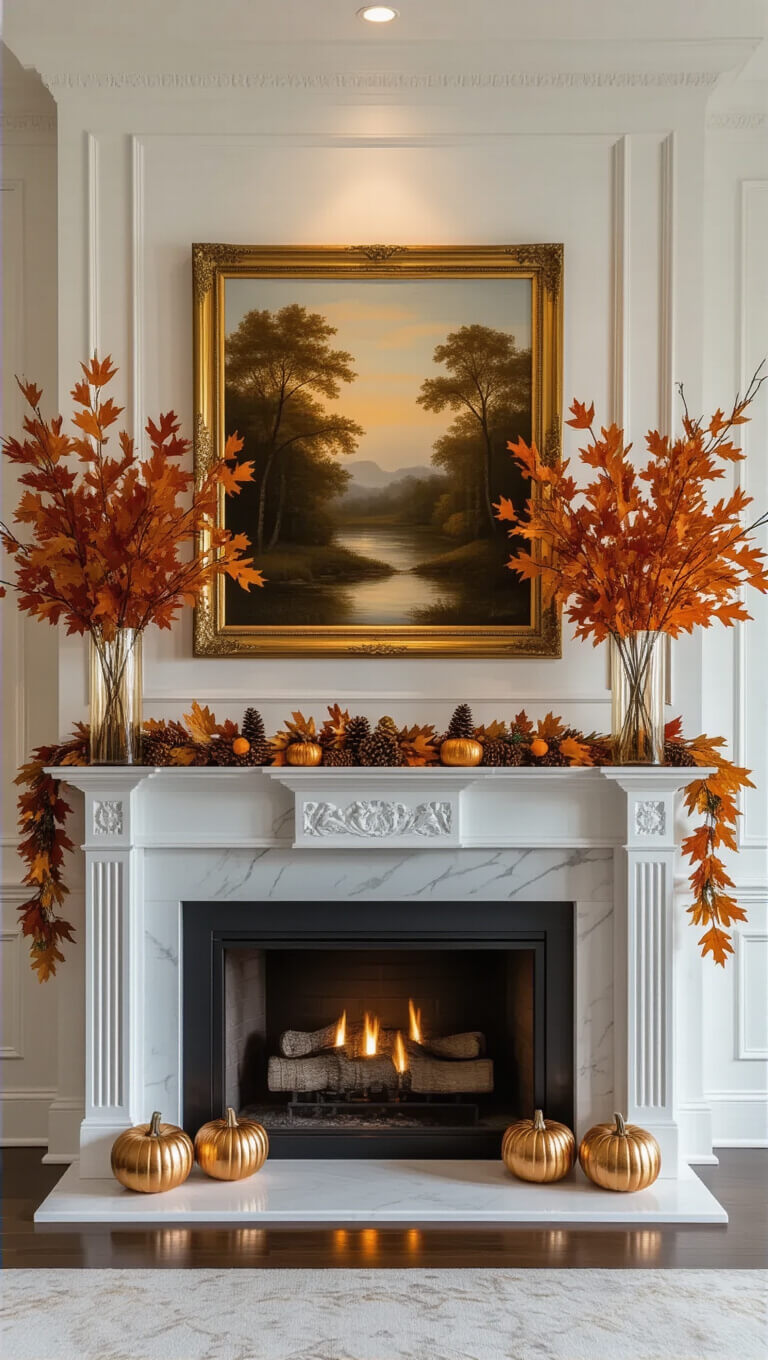 Elegant formal living room with high ceilings, crown molding, and a white marble fireplace adorned with fall-themed decor including orange and red maple branches, metallic pumpkins, and ambient lamp lighting.