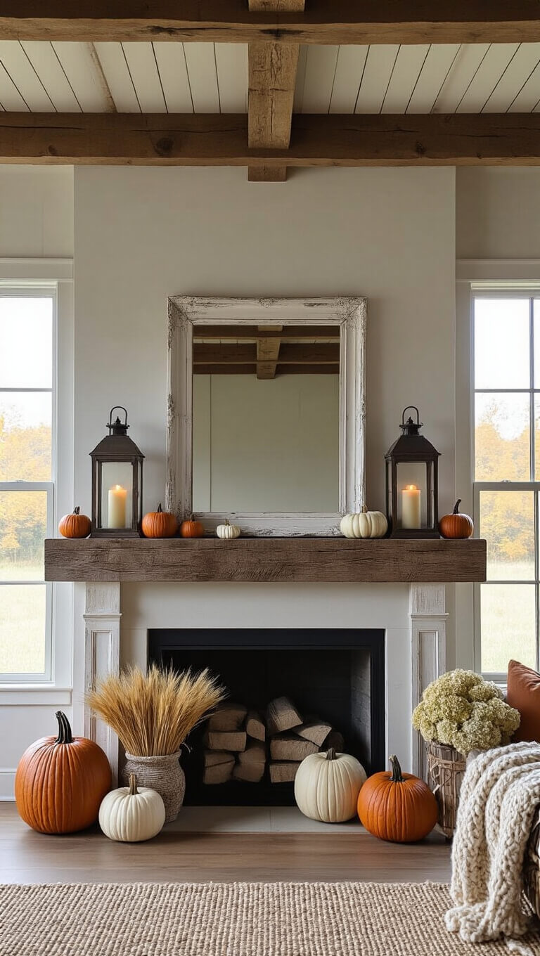 Rustic farmhouse family room with exposed wooden beams, reclaimed wood mantel decorated with a white-framed mirror, vintage lanterns, pumpkins, wool garland, and mason jars of dried flowers, bathed in mid-morning natural light.