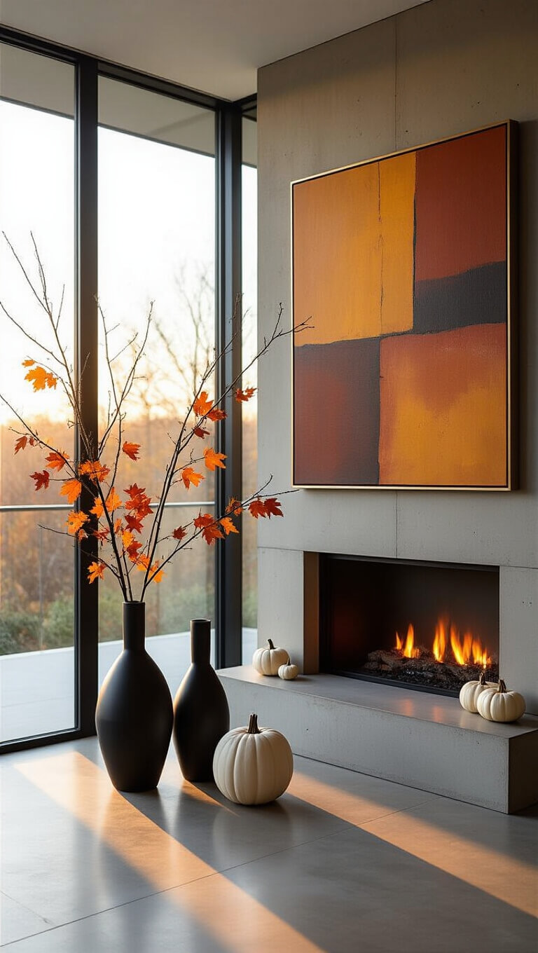 Modern minimalist living room with floor-to-ceiling windows, golden hour lighting, concrete fireplace, abstract autumnal artwork, black vases with fall branches, brass garland, and white ceramic pumpkins.