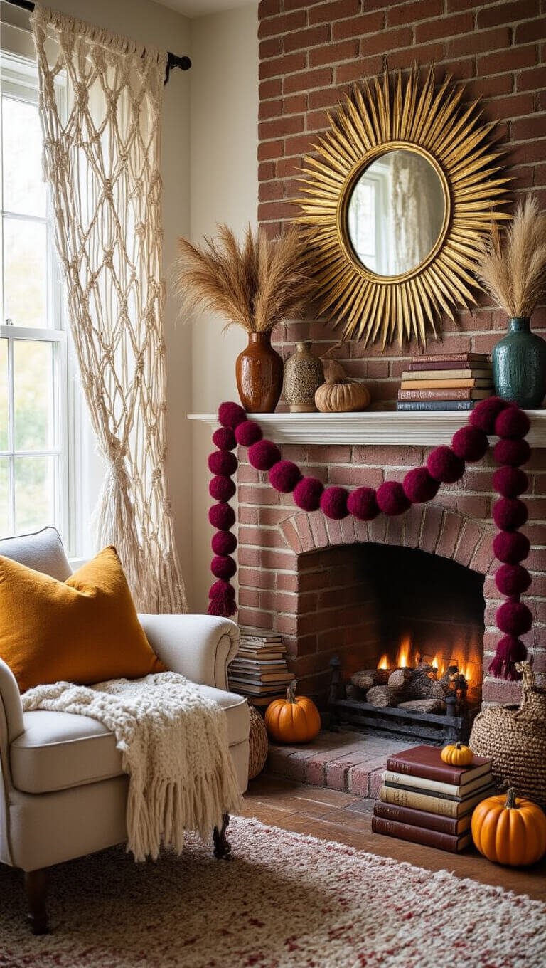 Close-up of a bohemian reading nook mantel with jewel-toned vases, dried florals, a gold sunburst mirror, felt pumpkin garland, and colorful glass pumpkins.