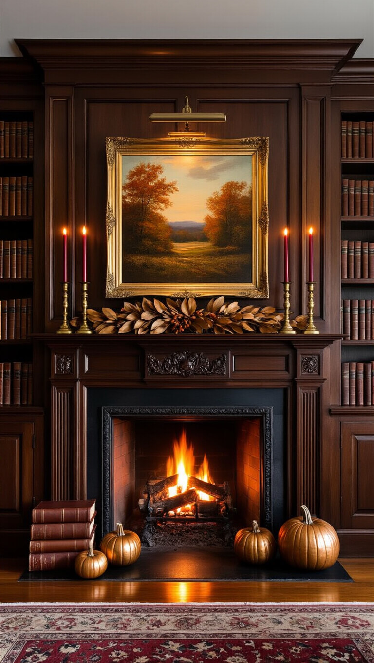 Cozy New England style study with dark wood paneling, crackling fireplace, oil painting above mantel, red candles, magnolia garland, antique books, and copper pumpkins on built-in bookshelves.