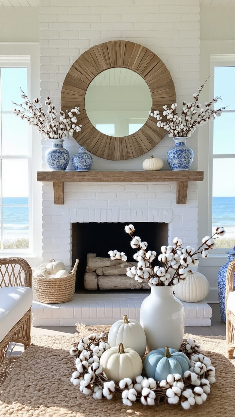 Coastal sunroom with whitewashed brick fireplace, driftwood mirror, ocean view, and beach-themed decor in bright midday light.