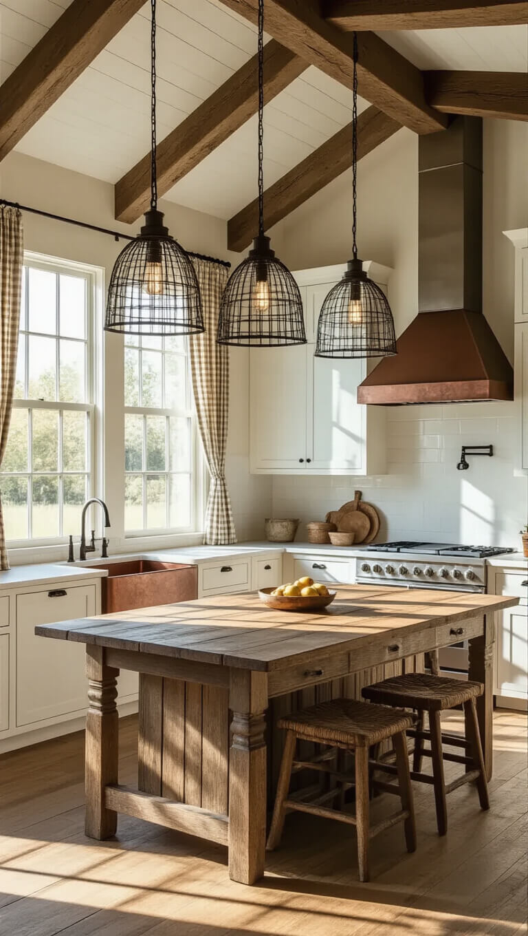 Cozy sunlit farmhouse kitchen with vaulted ceilings, exposed beams, and oak island under wire pendant lights; white shaker cabinets, copper sink, and gingham-curtained windows enhance rustic charm.