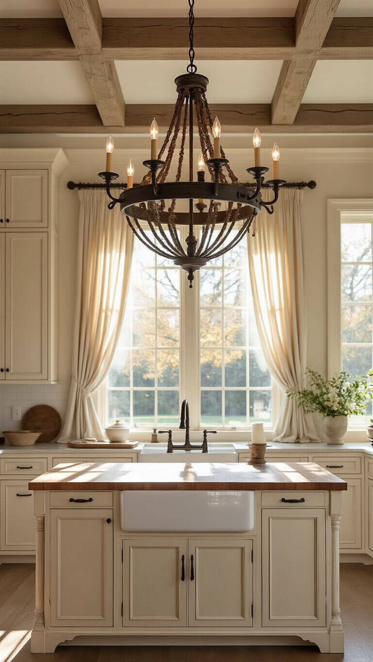 Open-concept kitchen with coffered ceiling, distressed wood chandelier, large butcher block island, creamy cabinets, farmhouse sink, and warm late afternoon sunlight.