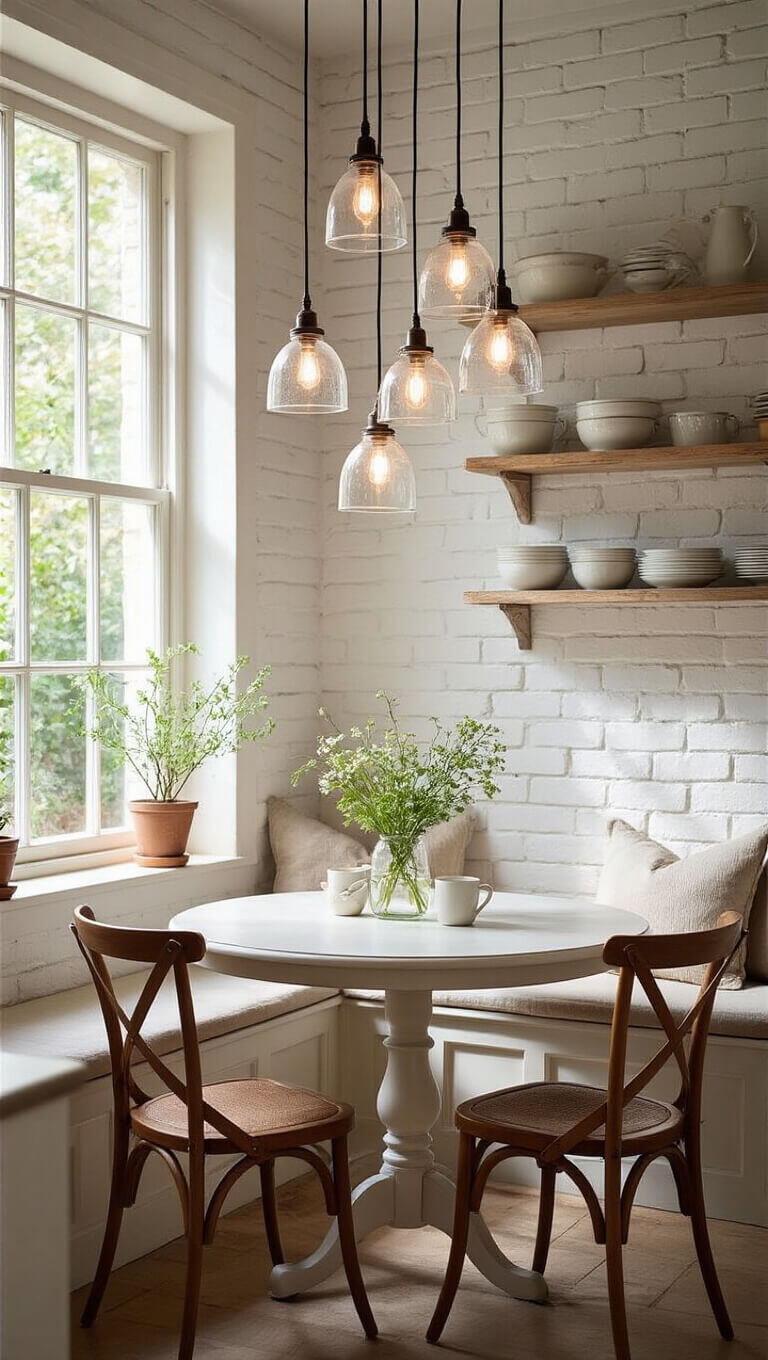 Cozy kitchen nook with pendant lights over a round table, mismatched chairs, whitewashed brick walls, open shelves with vintage enamelware, and a garden view through a large window at sunset.