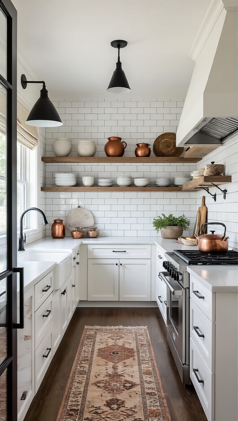 Modern farmhouse galley kitchen with white subway tile, open shelving, and matte black flush mount lights.