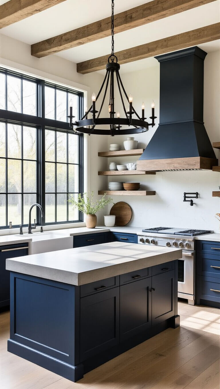 Spacious modern kitchen with navy cabinets, concrete island, weathered wood and iron chandelier, open shelving, and sunlight casting dramatic shadows.