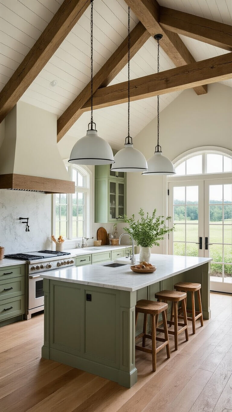 Airy farmhouse kitchen with sage green cabinets, marble island under white dome pendants, exposed wooden trusses, and a large window overlooking a pastoral scene.