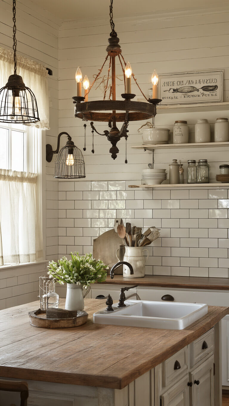 Charming country kitchen with layered vintage lighting, farmhouse table, open shelving, subway-tiled backsplash, and warm evening glow.