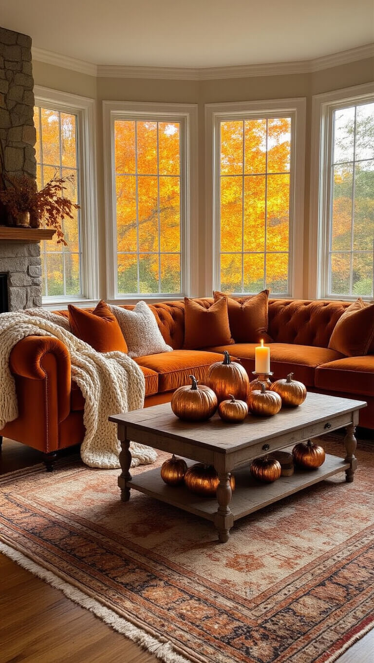 Cozy living room with burnt orange velvet sofa, autumn decor, and warm sunlight through bay window.