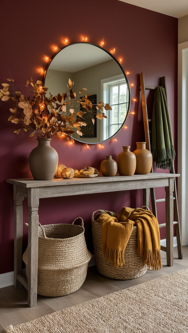 Entryway vignette with a weathered wood console table, large round mirror, copper string lights, woven basket of dried foliage, ceramic vases, and a vintage ladder with scarves and throws, set against a burgundy wall in soft evening light.