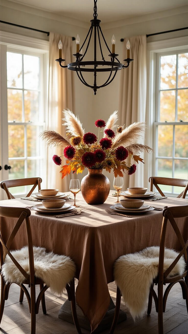 Rustic autumn dining room with farmhouse table, rich brown tablecloth, floral centerpiece in copper vase, sheepskin-draped chairs, wrought iron chandelier, and warm natural light through sheer curtains.