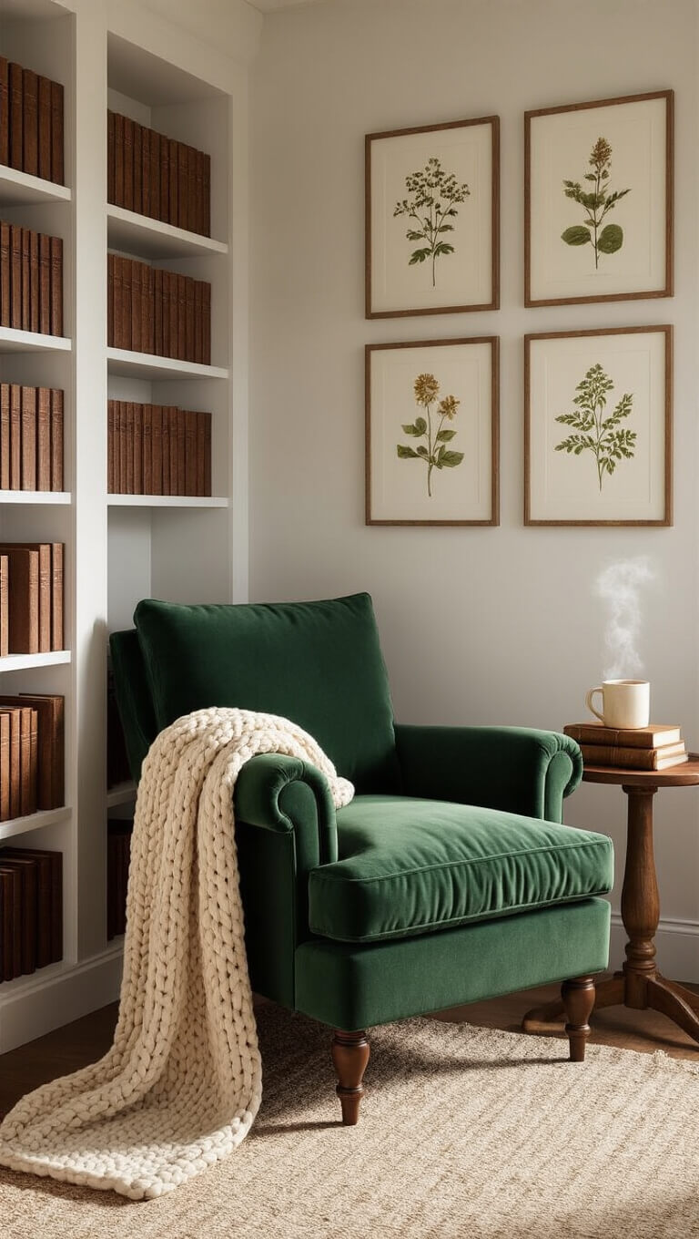 Cozy bedroom reading nook with green velvet armchair, cream knit throw, wooden side table, steaming mug, books, and botanical art in warm morning light.