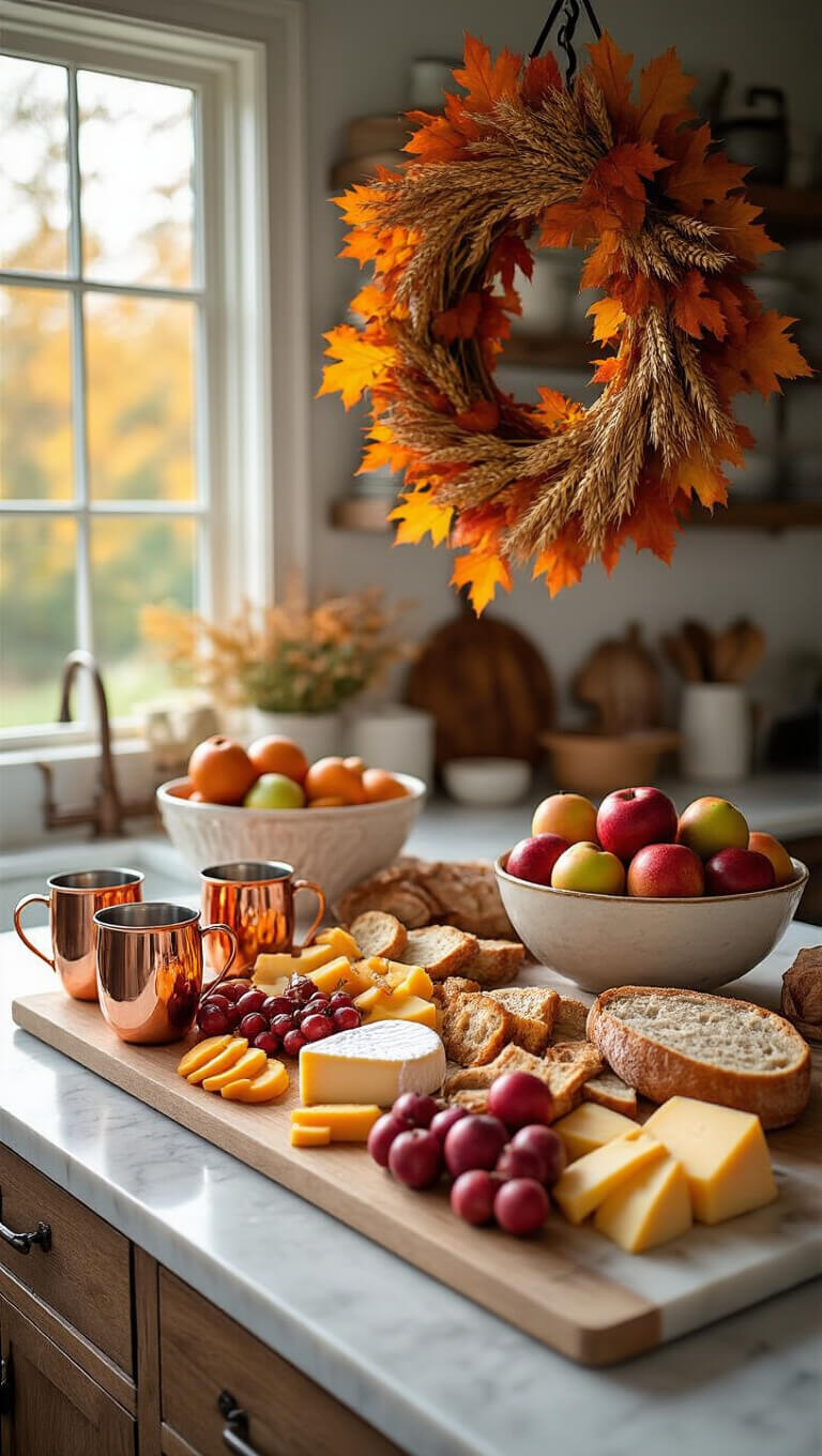 Autumn-themed kitchen island with marble top, featuring a charcuterie board, copper mugs of apple cider, a bowl of apples and pears, and a hanging wheat and maple leaf wreath.