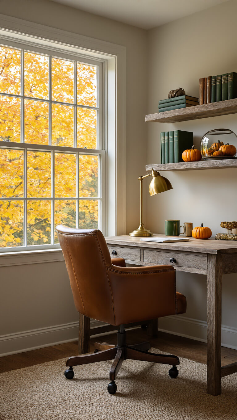 Cozy home office nook with a weathered wood desk under a large window, autumn foliage outside, brass lamp glowing over organized green and mustard accessories, leather chair, and vintage books on a floating shelf.