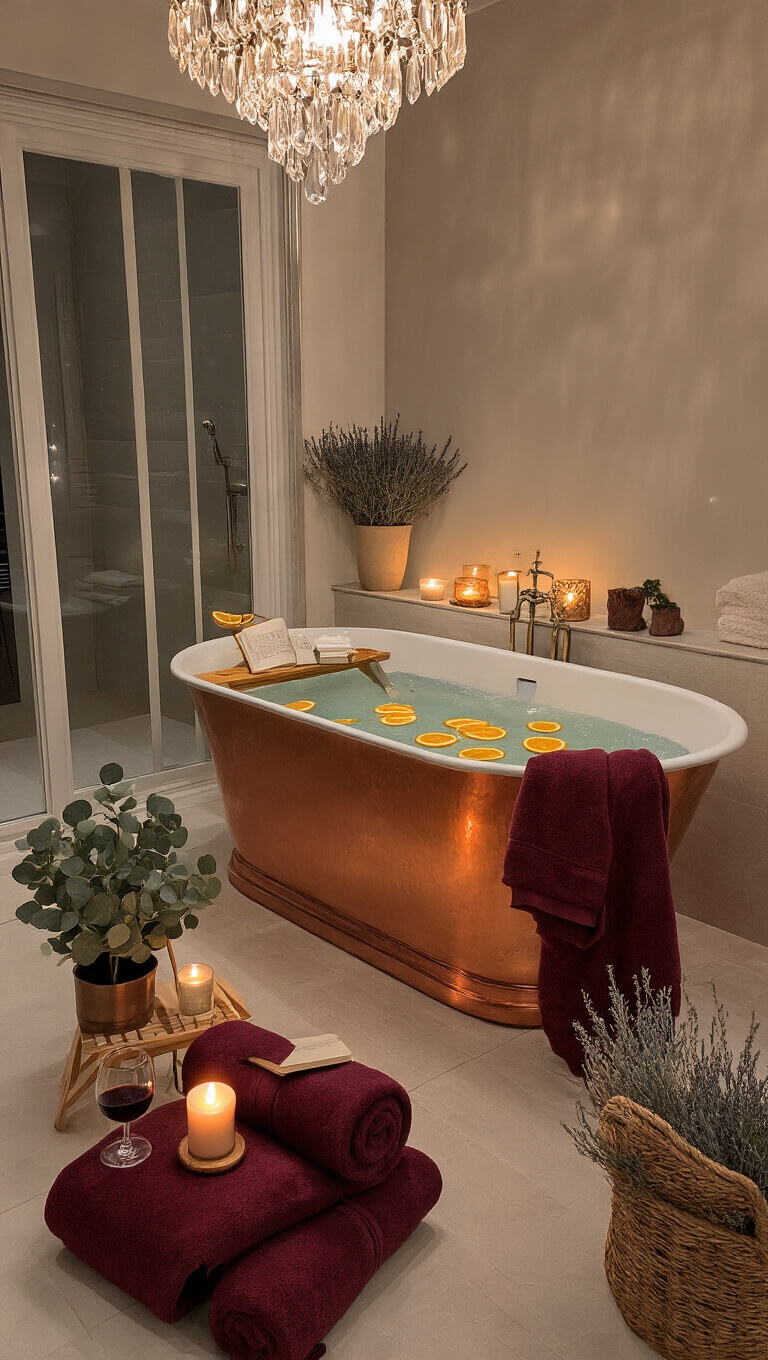 Luxurious autumn-themed master bathroom with copper bathtub, candlelit bath caddy, and warm ambient lighting.