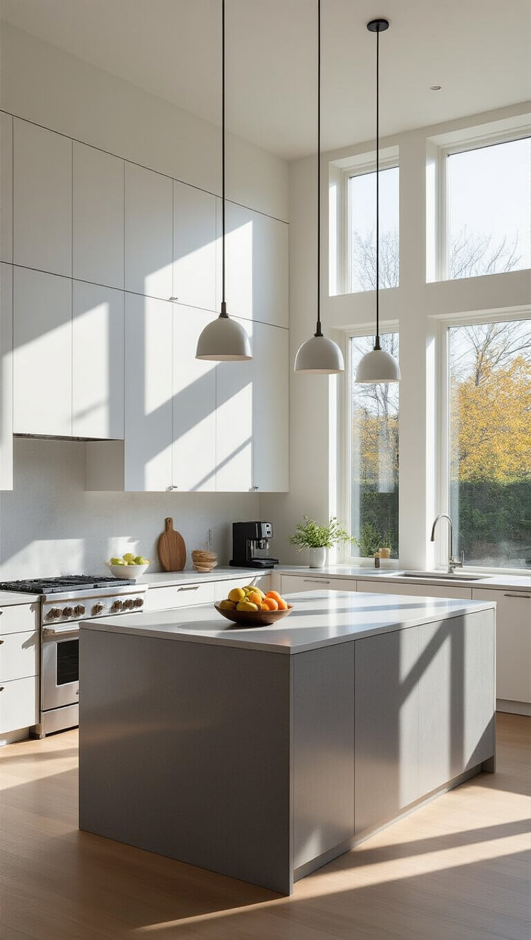 Modern minimalist kitchen with white cabinets, gray quartz island, oak flooring, and soft morning light streaming through a large window.